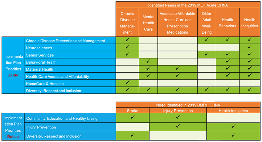 Tables showing needs identified for Main Line Health acute care hospitals and Bryn Mawr Rehab Hospital during the 2019 Community Health Needs Assessments