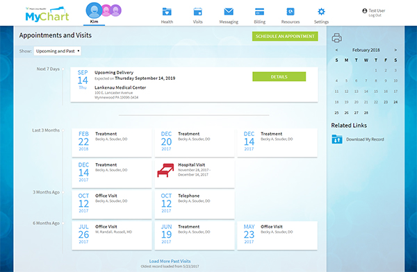 Screenshot of appointments page on MyChart
