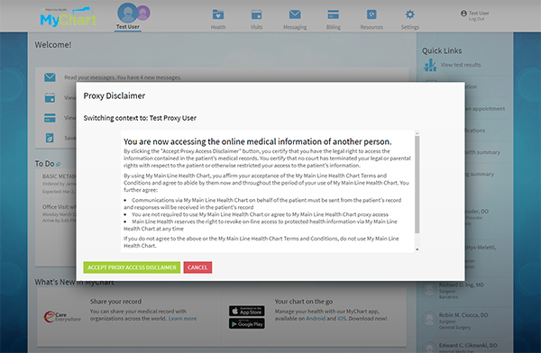 Screenshot of proxy access on MyChart
