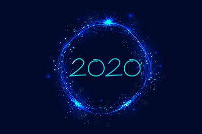 2020 written in a light blue, sparkly circle on a dark blue background