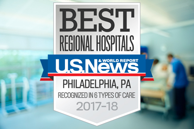 Riddle Hospital's 2017–18 U.S. News badge over a blurred picture within a hospital