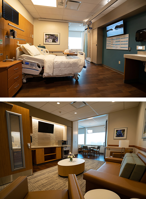 View inside a concierge suite at Bryn Mawr Hospital, looking at the hospital bed room in first image and then looking at the adjoining room, bathroom and dining area for family members and visitors