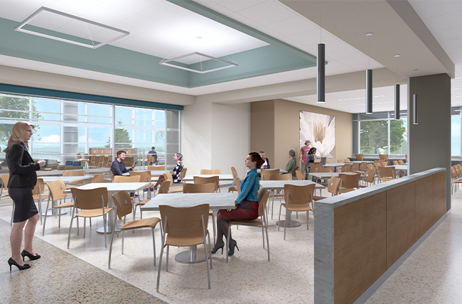 Rendering of cafe seating at Riddle Hospital