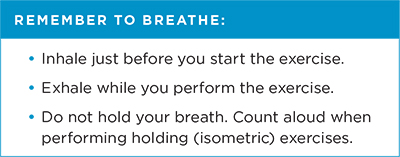 Remember to breathe: Inhale just before you start to exercise. Exhale while you perform the exercise. Do not hold your breath. Count aloud when performing holding (isometric) exercises.