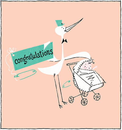 Stork holding congratulations sign, standing next to baby in stroller