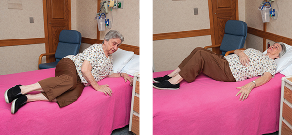 Two images illustrating how to get in bed at home after spine surgery