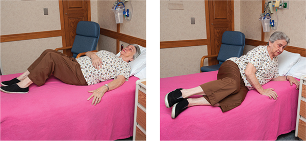 Two images illustrating how to get out of bed at home after spine surgery