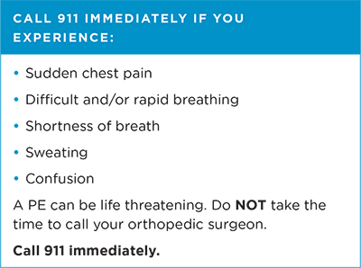 Call 9-1-1 immediately if you experience: sudden chest pain, difficult and/or rapid breathing, shortness of breath, sweating and confusion. A PE can be life threatening. Do not take the time to call your orthopedic surgeon. Call 9-1-1 immediately.