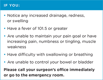 If you: notice any increased drainage, redness or swelling; have a fever of 101.5 or greater; are unable to maintain your pain foal or have increasing pain, numbness or tingling, muscle weakness; have difficulty with swallowing or breathing; or are unable to control your bowel or bladder, please call your surgeon's office immediately or go to the emergency room.