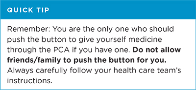 Quick tip: Remember, you are the only one who should push the button to give yourself medicine through the PCA if you have one. Do not allow friends or family to push the button for you. Always carefully follow your health care team's instructions.